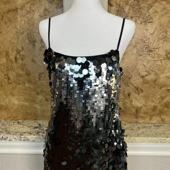 NWT Avec Les Filles Mini Slip Dress 4 Sparkling Sequin Party Black‎ Silver - Picture 2 of 12